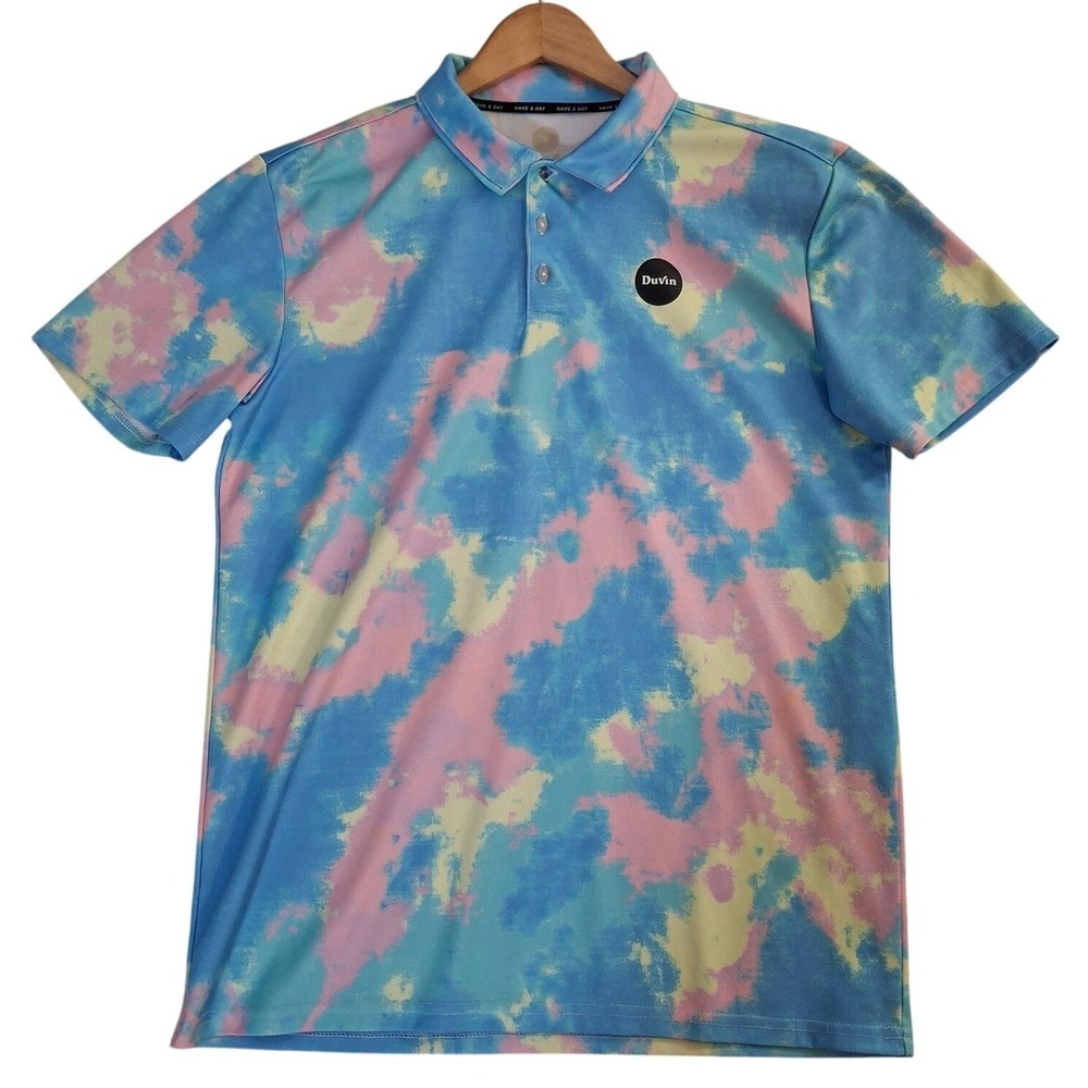Duvin Design Co Men Pastel Tie Dye Golf Polo Shirt Blue Pink Yellow Size M
